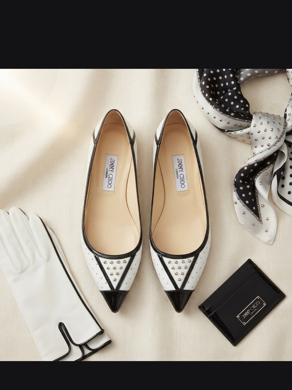 Authentic Jimmy Choo Black and White Studded Pointed Flats